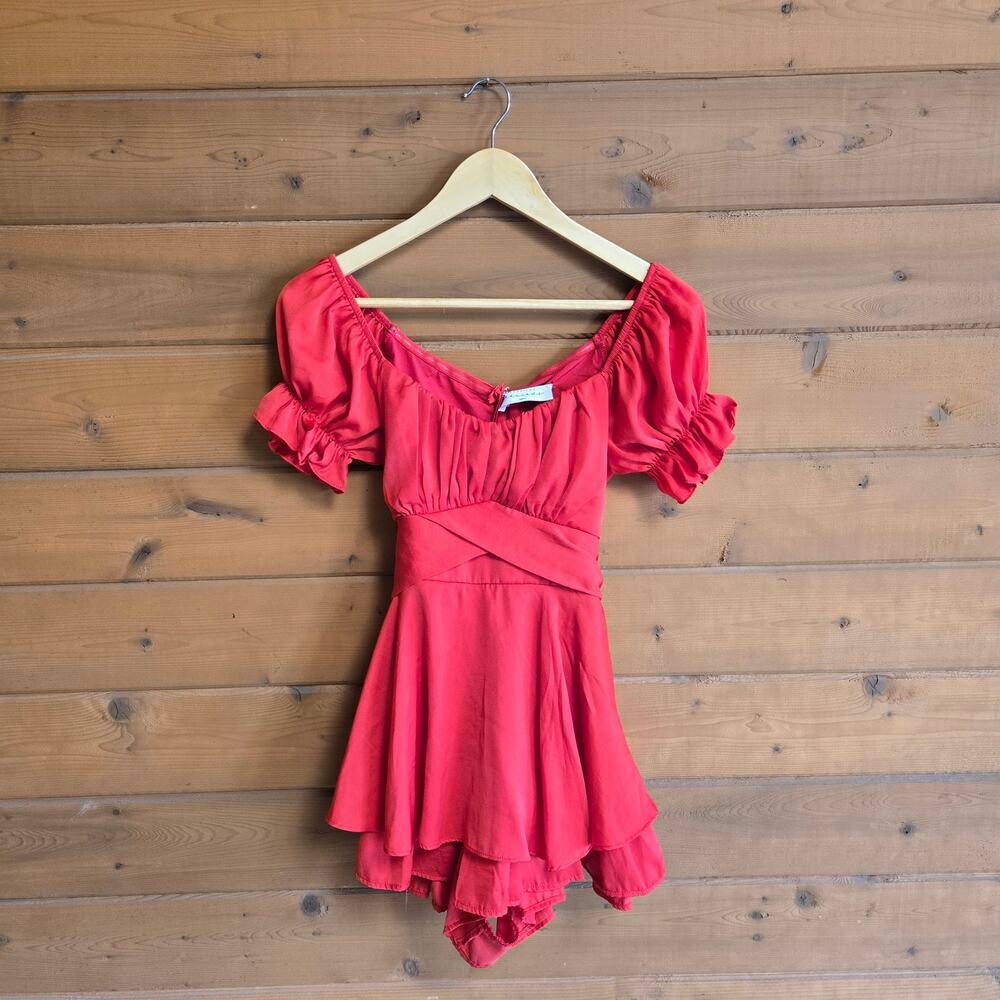 American Threads Romper Dress Red Off Shoulder Mini Flowy Puff Sleeve Small - Picture 2 of 5